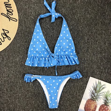 Solid Print Bikini Set Solid Swimsuit Sexy Ruffle Swimwear Women