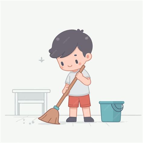 Cartoon boy sweeping the floor | Premium AI-generated vector