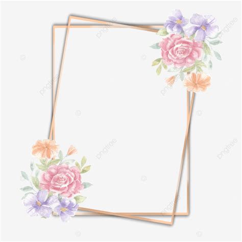 Gold Frame With Romantic Pink Rose And Purple Wild Flower Watercolor