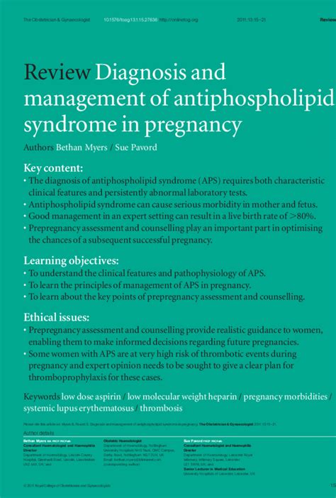 Diagnosis And Management Of Antiphospholipid Syndrome In Pregnancy