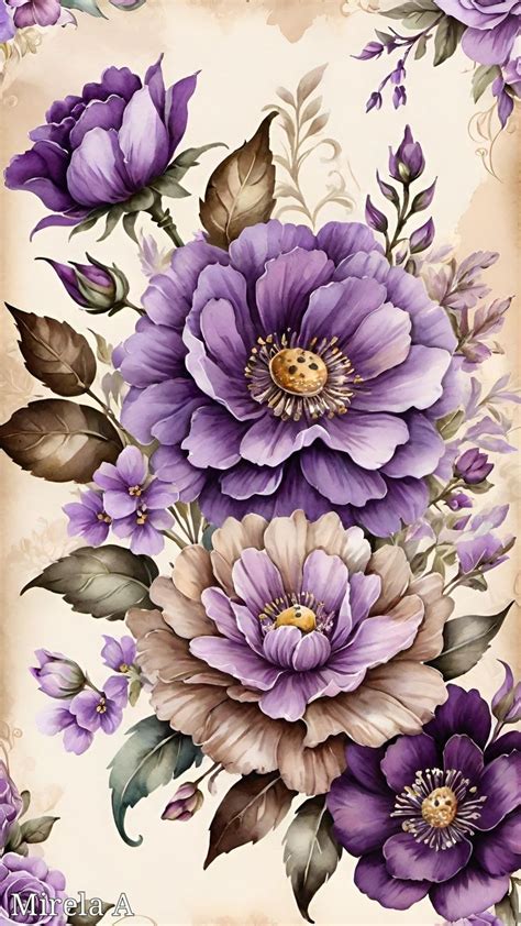 purple flower painting  beige background purple floral vintage
