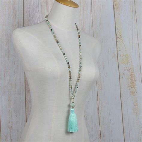 Gemstone Bead Necklace Bead Tassel Necklace Amazonite Bead Etsy