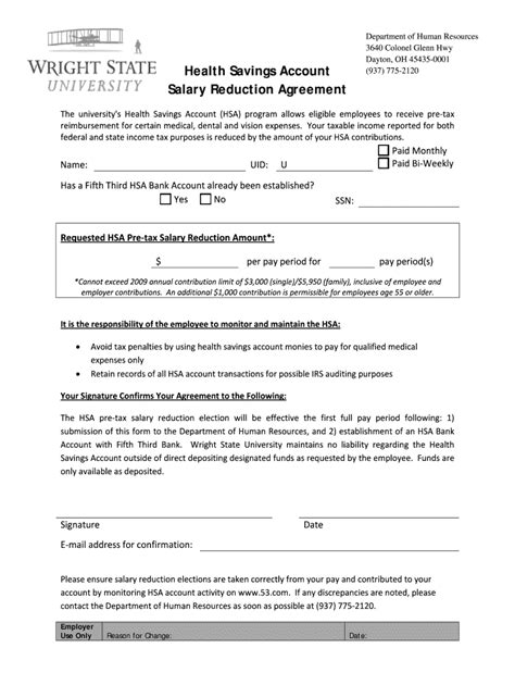 Health Savings Account Salary Reduction Agreement Wright State Form