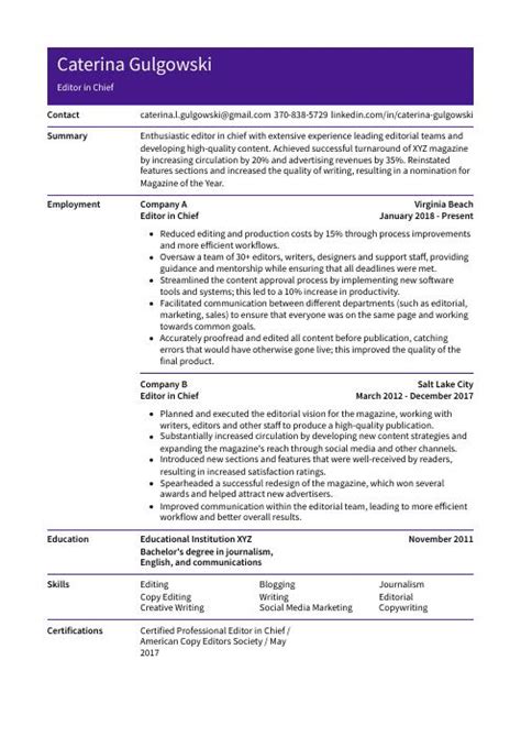 Editor In Chief Resume Cv Example And Writing Guide