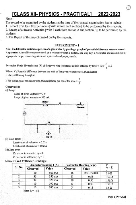 Class 12 Physics Practical Class Xii Physics Practical Note The