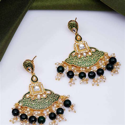 Zerokaata Gold Toned Green Meenakari Brass Dangle Earrings Buy