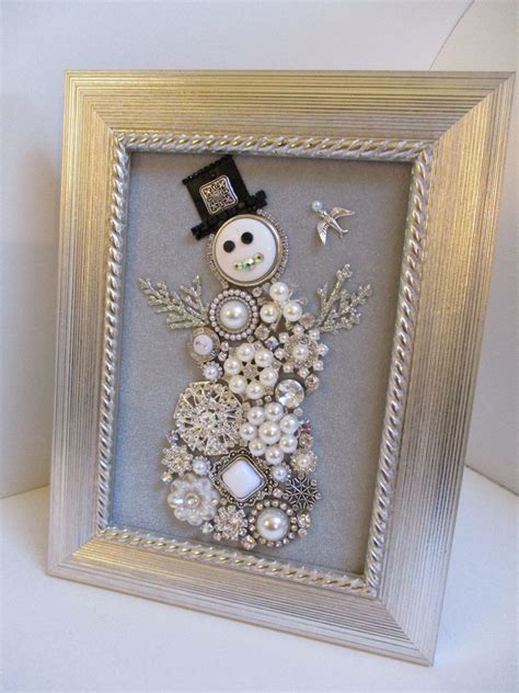 Jeweled Framed Jewelry Art Snowman Snowwoman White Silver Etsy