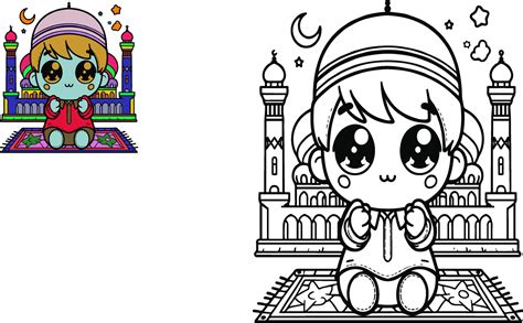 Vector illustration of coloring image of a mosque with colorful sample ...