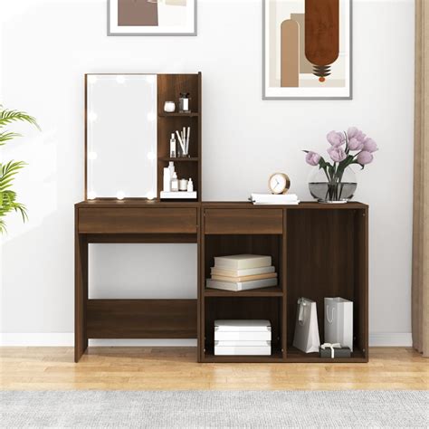 VidaXL LED Dressing Table With Cabinet Brown Oak Engineered Wood Wood