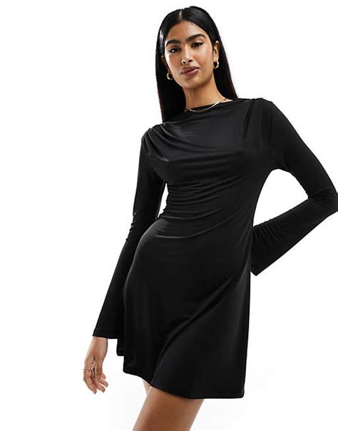 Asos Design High Neck Angel Sleeve Mini Dress In Black Asos