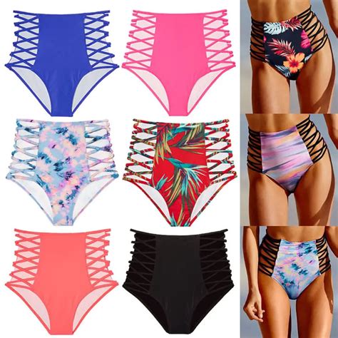 Women Vintage Bikini Panties High Waist Swimwear Bottom Floral Print Hollow Out