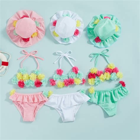 Infant Girls Bikini Swimsuits Piece Set Flower Decor Tie Up Halter