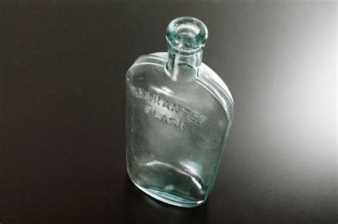 Antique Bottle Warranted Flask Whiskey Flask Aqua Glass Cork Closure Collectible