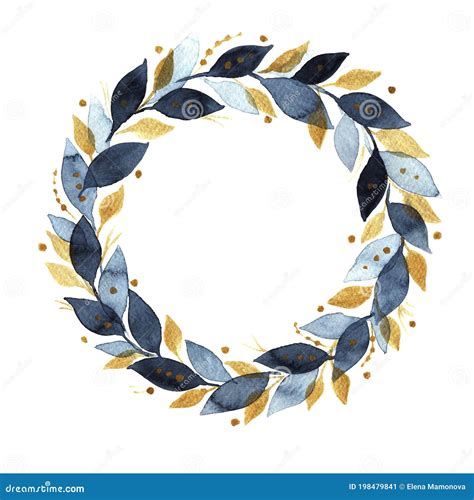 Handmade Watercolor Laurel Wreath Branches With Blue And Gold Leaves