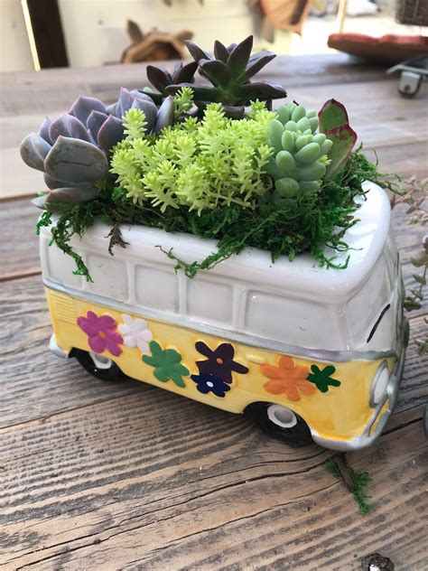 Vw Van And Car Succulent Planter Vw Bus Hippy Van Planted Etsy