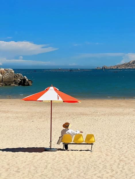 Una Escena De Playa Con Una Persona Sentada En Un Banco Bajo Una