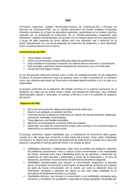 PAE resumen PAE El Proceso enfermero también denominado Proceso de