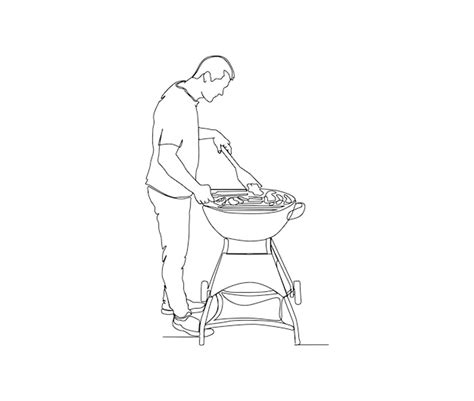 Dibujo continuo de una línea del hombre cocinando carne en la parrilla