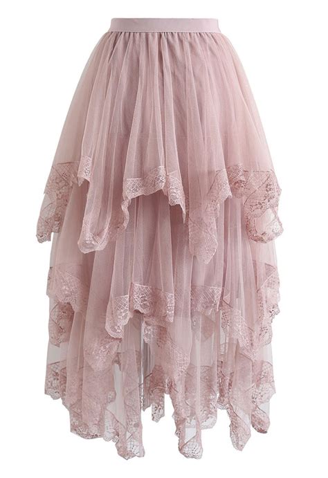 Lace Hem Asymmetric Layered Tulle Skirt In Pink Retro Indie And