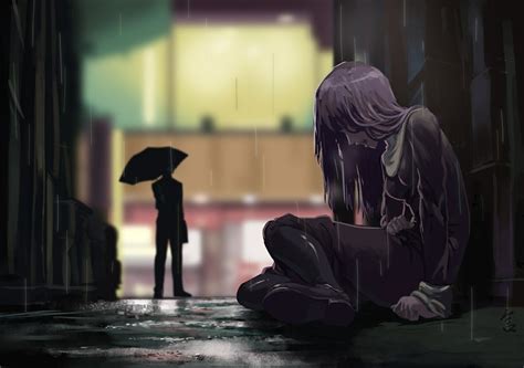 Sad Anime Girl Crying In The Rain Alone Drawing