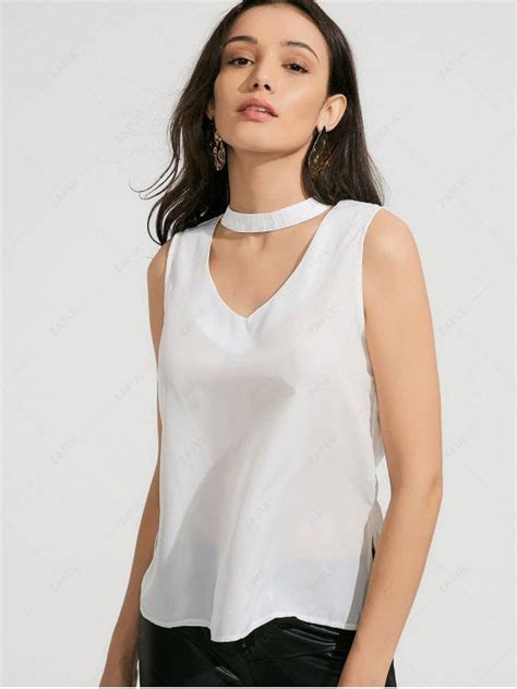 [26 Off] 2021 Side Slit Semi Sheer Choker Tank Top In White Zaful