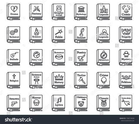 Literary Genres Book Icons Set Outline Stock Vector Royalty Free