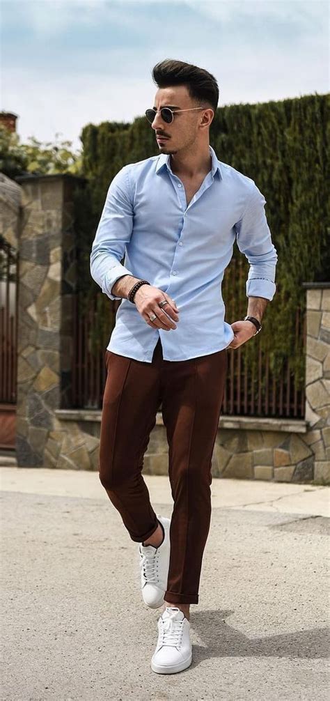 Light Blue Shirt Men S Pastel Outfit Trends With Brown Sweat Pant