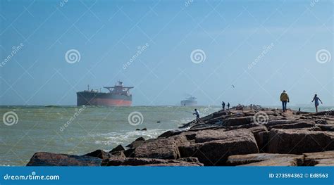 Port Aransas Tx 7 Feb 2023 The South Jetty With People And A Ship