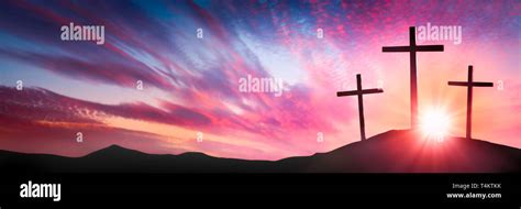 Three Wooden Crosses On Calvary S Hill At Sunrise Crucifixion And