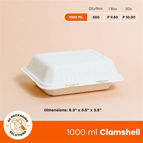 50 Pcs Clamshell Meal Box 1000 Ml Sugarcane Bagasse Container 100