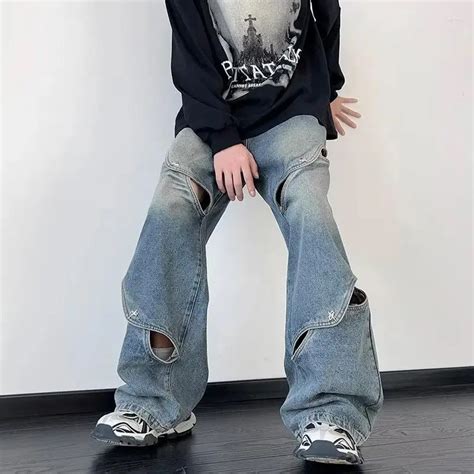 2023 Cyber Y2K Mens Hollow Out Baggy Pants Straight, Wide Leg Denim ...