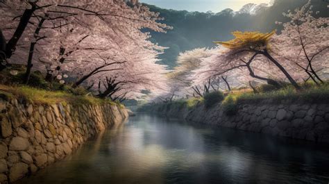 Mountain Cherry Blossom River With Blossoms In Beautiful Sun Light On ...