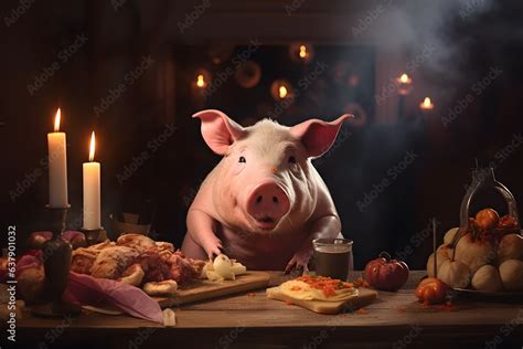 Spooky portrait of a pig in a Halloween setup in studio, dramatic ...