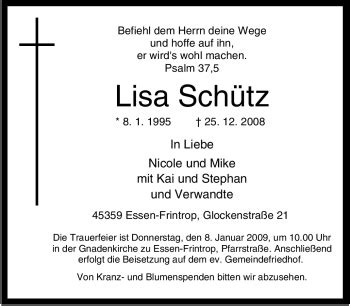 Traueranzeigen von Lisa Schütz Trauer in NRW de