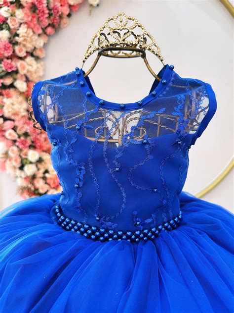 Vestido Infantil Azul Royal Damas C Renda Cinto De P Rolas Rosa