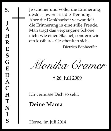 Traueranzeigen Von Monika Cramer Trauer In Nrw De