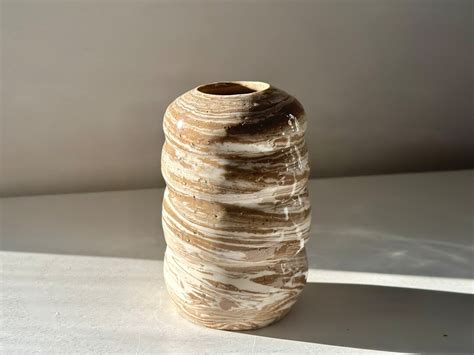 Small Handmade Ceramic Brown And White Marbled Squiggle Vase Etsy