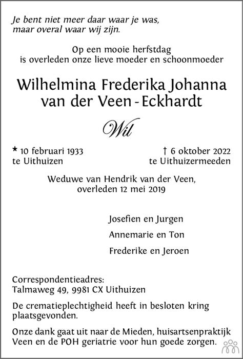 Wilhelmina Frederika Johanna Wil Van Der Veen Eckhardt