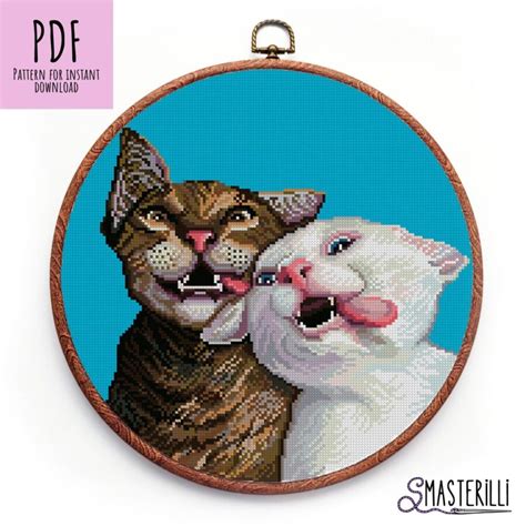 White And Tabby Cat Cross Stitch Pattern Pdf Funny Cat Embroidery