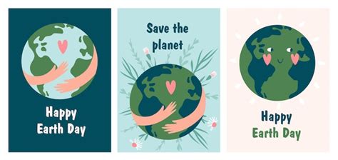 Premium Vector Happy Earth Day Greeting Card Set With Cute Cartoon