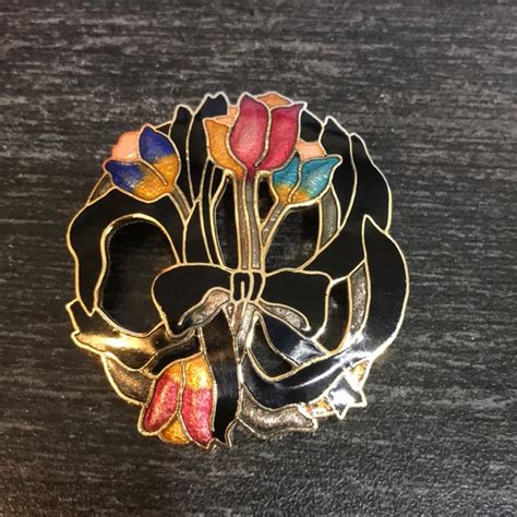 Unbranded Jewelry Vintage Cloisonn Gold Tone Enamel Tulip Floral