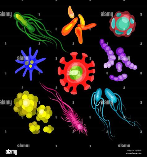 Cute Bacteria Virus Germ Cartoon Character Set Microbe And Pathogen