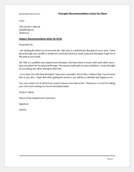 Therapist Recommendation Letter For Client Letter Format