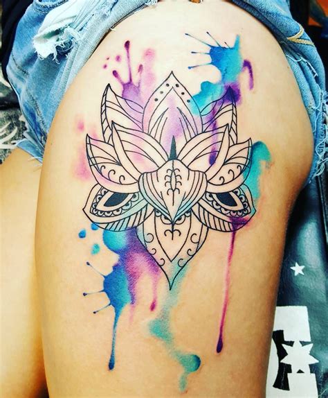 Watercolor Lotus Flower Tattoo Thigh Tattoo Watercolor Realistic