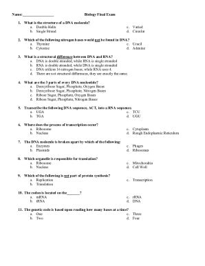 Fillable Online Biology Final Exam 1 What Is The Structure Of A DNA