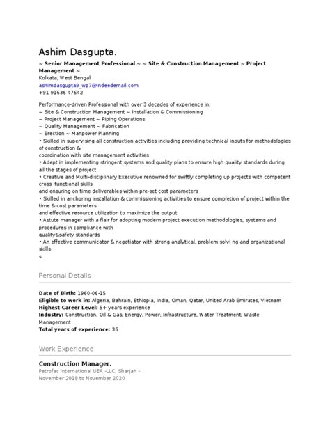 Resume Ashim Dasgupta Download Free Pdf United Arab Emirates Mumbai