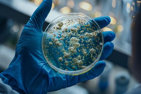 Premium Photo A Scientist Wearing Blue Gloves Holding A Petri Dish