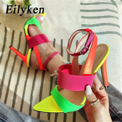 Eilyken Sexy Pointed Toe Sandals Women Fashion Mixed Color Ankle Strap