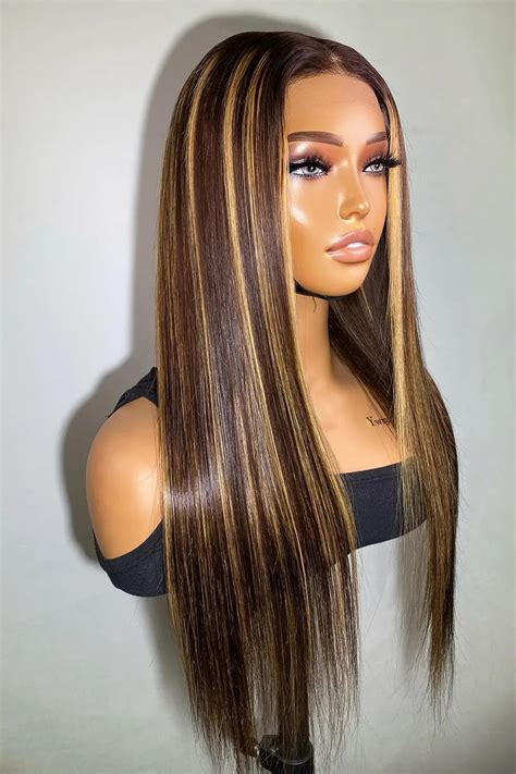 X Hd Lace Closure Brown Wig With Blonde Highlights Bone Straight