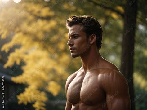 A Striking Profile View Captures A Shirtless Muscular Man Posing In The Outdoors His Physique